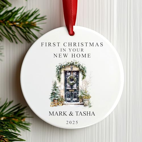 First Christmas in Your New Home Decoration | Personalised New Home Tree Ornament | Front Door Ceramic Bauble Housewarming Gift at Christmas (Black)