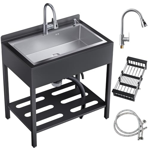 Évier de cuisine autoportant en acier inoxydable pour l'extérieur avec bac d'égouttement, robinet extensible et tuyaux d'eau chaude et froide (argenté, 106 cm x 60 cm x 95 cm)