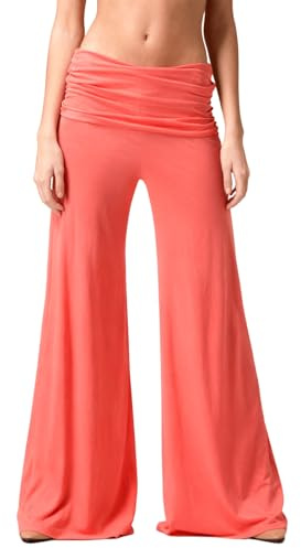 Qinayig 2026 Coral Fold-Over-Yogahose, einfarbige Wide-Leg-Loungehose mit lockerer Passform gerafftem Bund, für Yoga Sport und Alltag