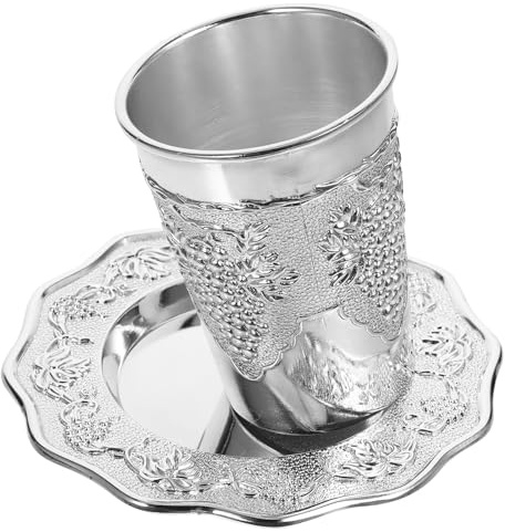 Milisten Coupe de Kiddouch Gravée en Alliage de Zinc avec Soucoupe | Verre Rituel Argenté, pour Shabbat et Pessa'H, Cérémonie Juive, Usage Festif et Quotidien