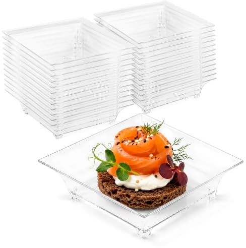 Majillux 24 Mini Platos Transparentes de 40 ml para Aperitivos | Formato 6,1 x 4,5 cm | PS Reutilizable | Bordes Elevados | Lavado Manual | No apto para Lavavajillas