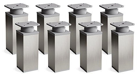 Sossai Höhenverstellbare Möbelfüße MFV1, 8er Set, Edelstahl gebürstet grau, Höhe 80 mm, 40 x 40 mm Vierkantprofil, für Regale und Schränke