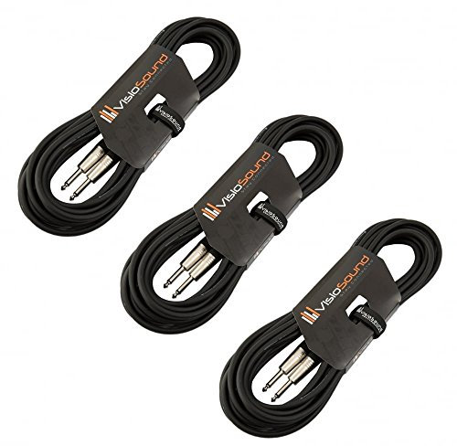 VisioSound 3 x Guitar Lead 6.35mm Mono Jack to Jack/Instrument Cable / 3 Colours / 3 Pack 10m Black