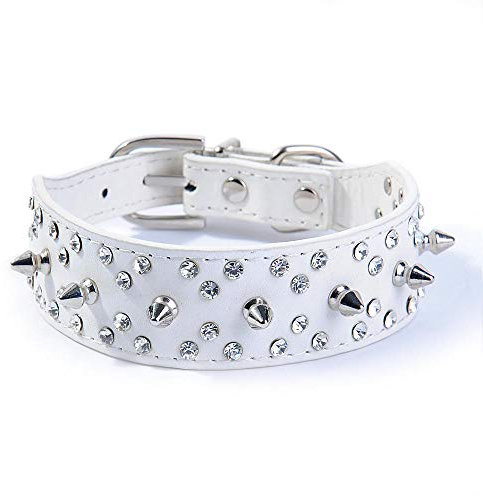 haoyueer Collar de perro de cuero con tachuelas con pinchos, con remaches de bala y diamantes de imitación, suave y ajustable para perros medianos y grandes (L, blanco)