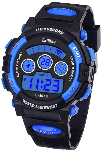 Edillas Kinder Digitaluhr, Jungen Mädchen 50M (5ATM) Wasserdicht 7 Farben LED Multifunktions Sport Outdoor Armbanduhren mit Alarm(Schwarz-Blau)