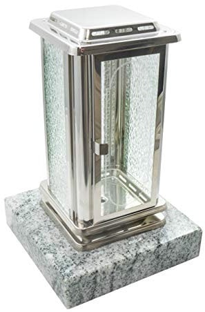 Kunst-Art-Köhl Grablaterne aus Edelstahl poliert montiert auf einem Granitsockel,Grablampe (Frontscheibe ohne Kreuz, Wiscount White)