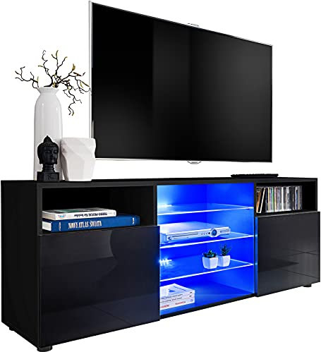 ExtremeFurniture T38 TV Lowboard, Karkasse in Schwarz Matt/Front in Schwarz Hochglanz mit LED in RGB