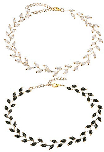 Flongo Damen Choker Halsband Kristall Perlen Halsketten 2 Stück Set weiß schwarz gold Edelstahl Tattoo Kette Schmuck glitzer verstellbar Geschenk Kinder Mädchen Frauen