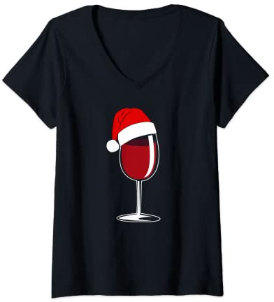Femme Verre à vin rouge avec chapeau de Noël pour femme T-Shirt avec Col en V