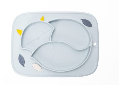 InnoGIO GIOfresh Fox, Assiette 1er Âge Renard à 3 Compartiments pour Bébé et Enfant, Silicone Souple, Surface Antidérapante, sans BPA, Adapté au Lave-Vaisselle, Plat Multiportions, Bleu