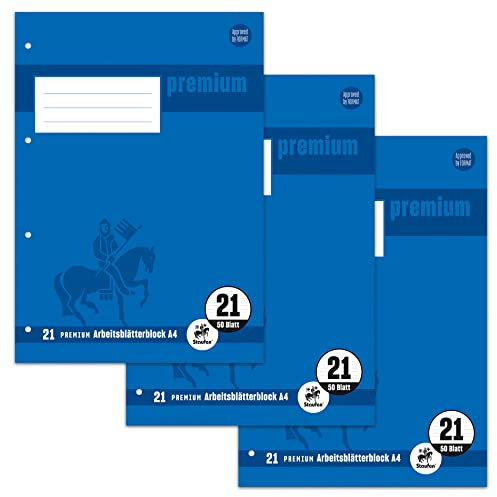 Staufen Premium Arbeitsblätterblock - DIN A4, Lineatur 21 (9mm liniert), 50 Blatt, 4-fach Lochung, 90g/m² Premium Papier, 3 Stück
