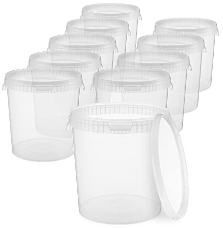 BenBow Eimer mit Deckel 30l transparent 10x 30 Liter - lebensmittelecht, stabil, luftdicht, auslaufsicher, geruchsneutral - Aufbewahrungsbehälter aus Kunststoff, mit Griffen - leer
