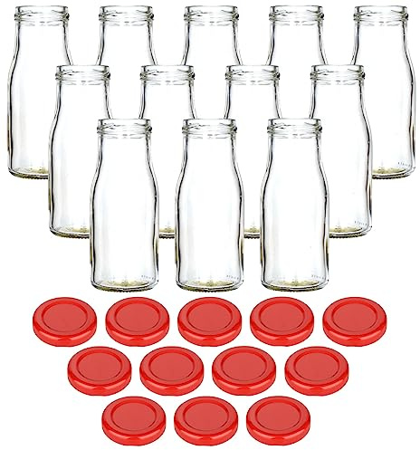 gouveo 12er Set 150ml Smoothie Glasflaschen Rot mit Twist-Off Schraubverschluss TO43 – Wiederverwendbare Klarglas Trinkflaschen für Smoothies Säfte und Shots (12 x 150 ml)
