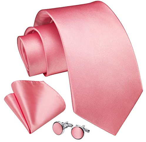 Enlision Rosa Pink Krawatte Herren Seide Hochzeit Krawatten und Einstecktuch mit Manschettenknöpfe Set Elegant Einfarbig Seidenkrawatte mit Taschentuch Business Party