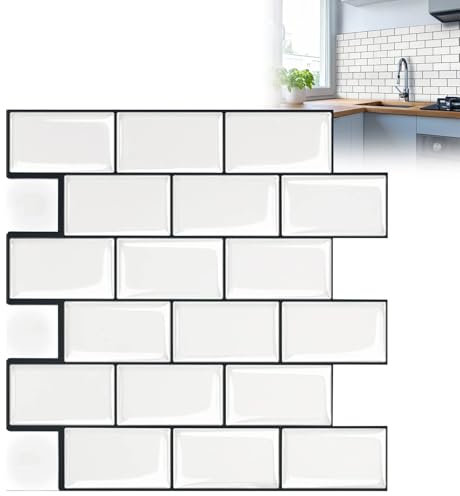 XMTECH 10 Stück 3D Fliesenaufkleber 30 * 30 cm,Badezimmer Fliesenfolie Weiß Fliesensticker für Bad Küche, Selbstklebend Wandfliesen Dekor, PVC Metro Fliesen Selbstklebend Fliesendekor