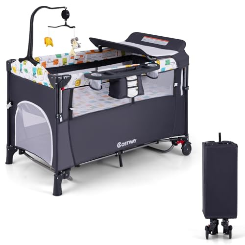COSTWAY 5 in 1 Lettino da Campeggio per Bambini, Lettino con Materasso per Neonato, Culla da Viaggio con Fasciatoio, Altezza Regolabile, Ruote con Freno, per Bambini 0-36 Mesi (Grigio)