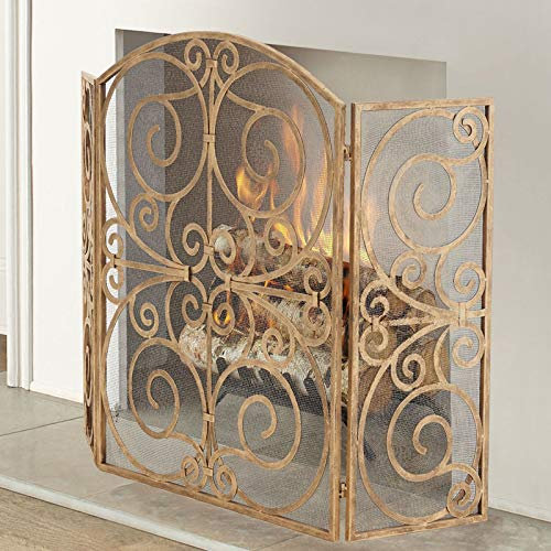 FLBT Retro-Gold-Kaminschutz, Scroll-Design, 3-teilig, Feuer-Funkenschutz mit Netzabdeckung für Wohnzimmer-Kamin-Dekor Needed