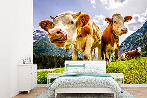 Selbstklebend Tapete Wandpapier Wandaufkleber Fototapete Tapeten Wanddeko 385x280 cm Kühe - Berge - Gras - Landschaft - Alpen