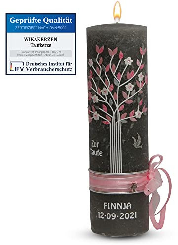 WikaKerzen Mädchen Jungen Taufkerze Rustik personalisiert mit Lebensbaum Motiv individuell handverziert als Geschenk zur Taufe & Kommunion | Jetz Farbe und Größe wählen (Lebensbaum, Rosa)