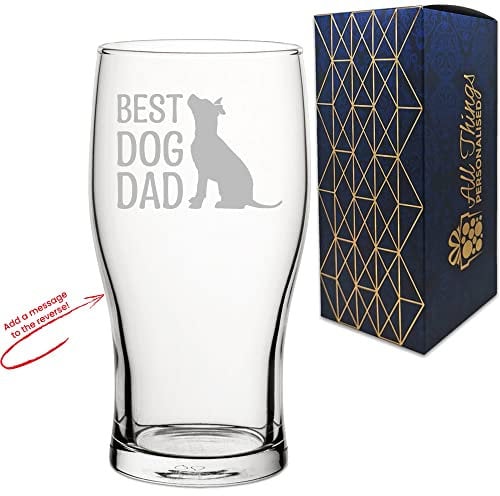 Personalised Engraved Novelty Pint Glass - Best Dog Dad Design, Add a Personalised Message to The Reverse, Laser Engraved, Gift Box Included, Birthday Gift for Dog Lovers