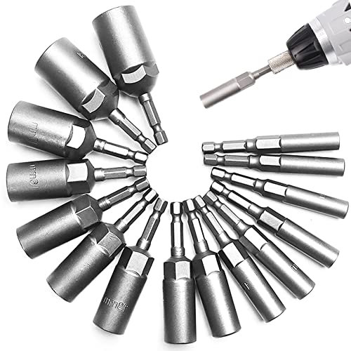 RZJZGZ Deeper Nut Sockets Set, 5.5-19mm Nut Setter Driver 1/4 Hex Shank Drill Bit Set, Quick Change Metric Nut Drivers Screwdriver Handle Bits Bolt Remover Tool, 80mm Length Nut Extractor Socket