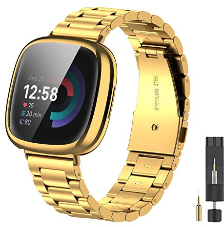 EZMVZKU Metall Armband und Cover für Fitbit Versa 4/Sense 2,Edelstahl Ersatzarmband Kompatibel mit Fitbit Sense 2/Versa 4 Uhrenarmband und Schutzhülle,Gold