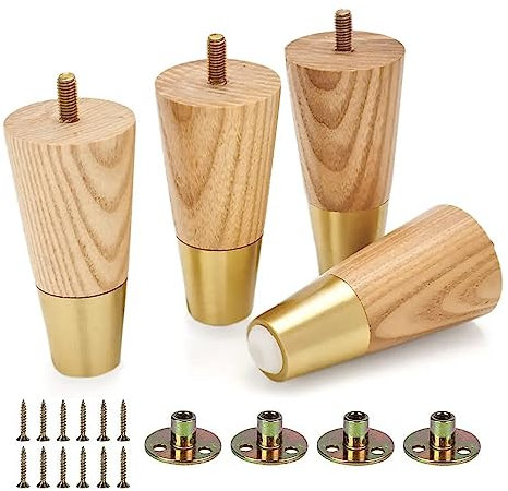 Pied Meuble Bois - Pieds de Meuble doré - Pied canapé - Pied de Meuble Bois -Pied de Chaise - Pied Table de Nuit - Pieds de Fauteuil -Pied de Meuble 10cm avec Housses dorées et protecteurs de Sol