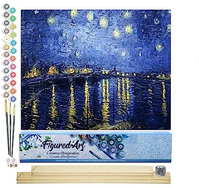 Figured'Art Peinture par Numéro Adulte Van Gogh Nuit Etoilée sur le Rhône - Activité Manuelle Kit de Loisir Créatif DIY Numéro d'Art Complet - 40x50cm avec châssis en bois à monter