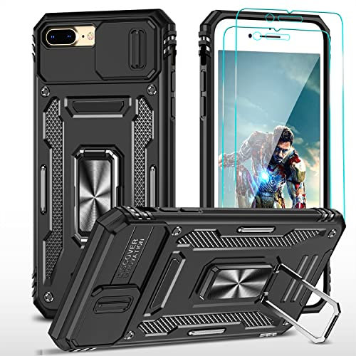 YmhxcY Hülle Für iPhone 7 Plus/iPhone 8 Plus Hülle,*2 Displayschutzfolie,Slide Camera Cover, Militär Grade Schutzhülle, 360°Drehen Metallständer,Für iPhone 7 Plus/iPhone 8 Plus Hülle-Schwarz