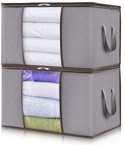 Lifewit 120L Aufbewahrungstasche für Bettdecken, Groß Aufbewahrungsbox mit Deckel Kleidung Aufbewahrung Umzugskartons mit Verstärkt Griff für Kleider Kleidung Bettdecken Bettzeug, 2 Stück, Hellgrau