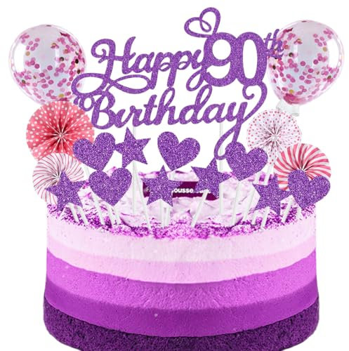 Tortendeko Geburstagstorte Happy Birthday Kuchendeko Purpur Rosa Tortendeko 90 Geburtstag Frauen Männer Happy Birthday Kuchen Deko Glitter Cake Topper 90 Geburtstag Happy 90th Birthday Tortendeko