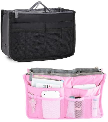 2 Stück Organizer Tasche, Kosmetik Organizer Taschen Damen, Handtaschen Organizer, Damen Taschen Organizer, Multifunktions Handtaschen Organizer, 13 Taschen, für Reise Make Up (Schwarz und Rosa)