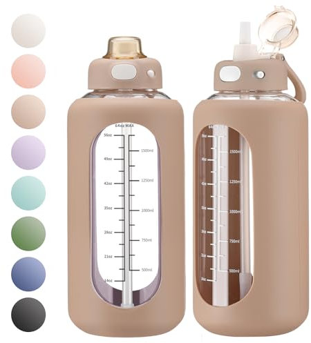SIEROZUR 64 oz Glass Sports Water Bottle with Straw and Handle, Amber, Fitness, Travel, Sports