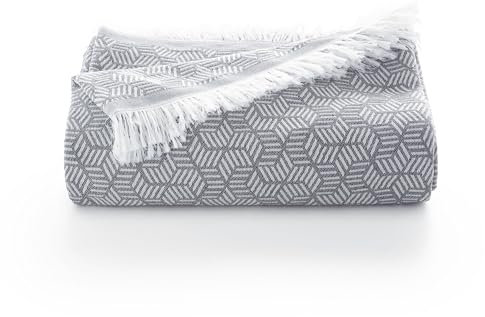 Jeté de lit et canapé multifonction en coton doux géométrique - 180 x 140 cm, gris