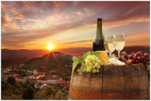 Wallario Glasbild Wein Romantik - Weißwein mit Käse auf einem Fass - 60 x 90 cm Wandbilder Glas in Premium-Qualität: Brillante Farben, freischwebende Optik