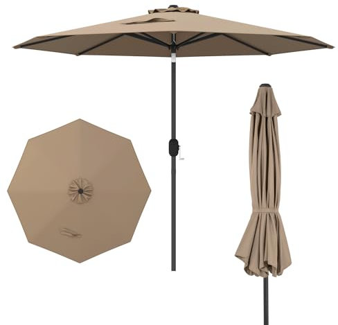 COSTWAY 2.7m Garden Parasol, Waterproof Patio Umbrella with Tilt, Crank Handle & Vented Top, 8 Ribs UV Protective Outdoor Table Sun Shade for Market Yard Pool (Coffee)