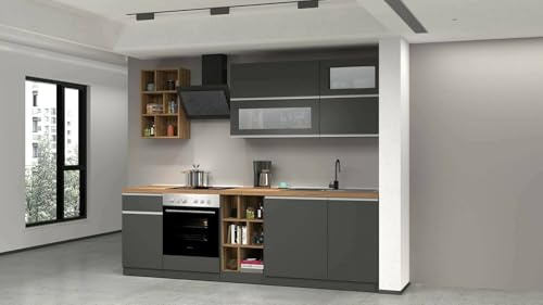 Dmora - Vollständige Küche Ronald, Set mit Speisekammer, Küchenzeile Schrank, Linearer Blocksatz, 100% Made in Italy, 255 x 60 x 85 cm, Anthrazit und Eiche
