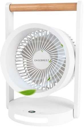 EASEBREEZ Tabletop Air Circulator Fan, 5 Speeds and 90 Degree Pivoting Head, Battery Operated, Night Light, Quiet Digital Display Portable Personal Fan for Desk, Office, Bedroom, Kitchen, Home, white