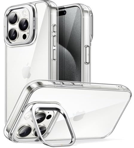 JETech Kickstand Case for iPhone 15 Pro 6.1-Inch, Built-in Camera Ring Stand, Non-yellowing Shockproof Phone Bumper Cover, Anti-Scratch Clear Back (Clear)