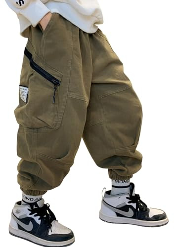 Pantalon Cargo pour Garçon,Style décontracté, Taille élastique, Enfant Jogging Uniforme Scolaire Pantalon de Sport(11235Vert,14-16ans)