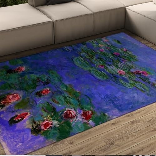 UERWOWELL Vintage Blumenteppiche Claude Monet Berühmte Gemälde Seerosen Teppiche Komfortable weiche Blaue Teppichmatte mit Gummirücken Waschbar 80x150cm