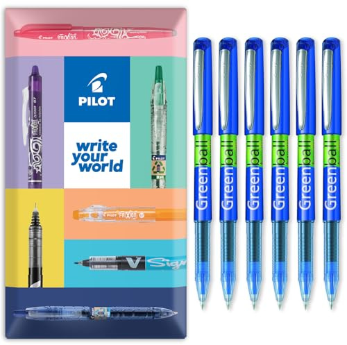 PILOT GreenBall Liquid Ink Rollerball Pen - Begreen Range 89% Recycled - Pack of 6 Pens - Medium 0.7mm Nib - Ideal for Writing, School, Home, Revision, Office - In Envelope Gift Pack (Blue)