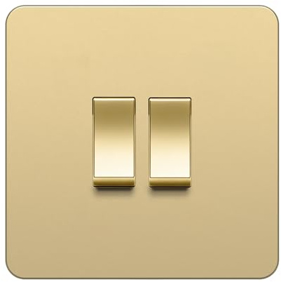 LIDER 2-Gang Screwless Light Switch, 1-Way/2-Way, UKCA Certified, Plastic Screwless Faceplate, RoHS Compliant, Heat & Fade Resistant, Round Edges, 16A, Glossy Finish, Gold