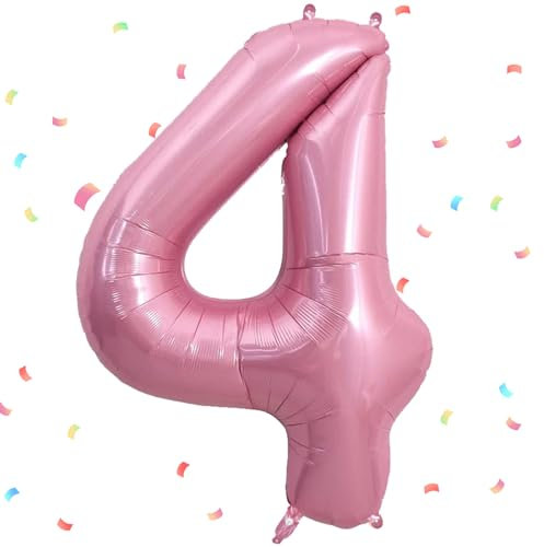 UDRKFOPK Zahlen Luftballon Rosa,Rosa Luftballon 4, 40 Zoll Rosa Folienballon 4,101cm Rosa Zahlenballon 4 Helium Ballon Luftballon 4 Geburtstag für 4 Jahre Geburtstagsdeko Kinder Mädchen Junge
