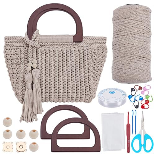 INFUNLY DIY Häkeltaschen Set für Anfänger Und Erwachsene Tragetasche Häkelset Mit Schritt für Schritt Videoanleitungen Taschen Häkel Starter Set Mit Quasten Holzgriff Häkelhandtaschen Set