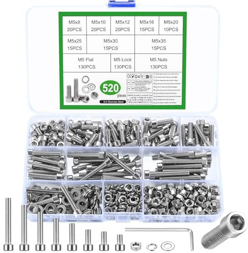 520 PZ Set di Viti M5, Viti Bulloni e Dadi Set, Bulloni Viti a Testa Esagonale e Dadi e Rondelle Kit, Bulloni Viti a Testa a Esagonale Bussola in Acciaio Inox Assortimento Kit con Dadi e Rondelle