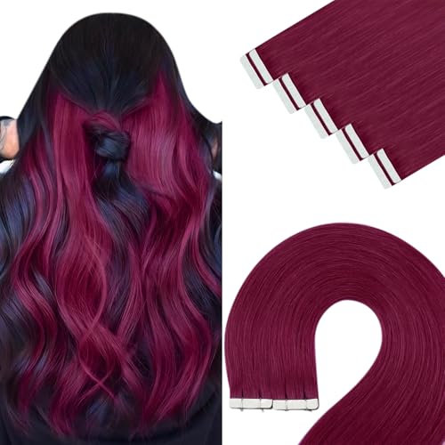 YoungSee Tape Extensions Echthaar Magenta 40cm Echthaar Extensions Tape Magenta 25g Invisible Tape in Extensions Echthaar Remy Tape Extensions Farbig Extensions Echthaar Tape #530