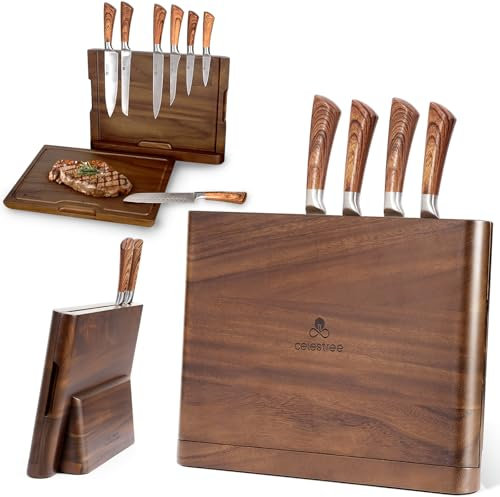 Celestree 2-in-1 Wood Cutting Board with Magnetic Knife Holder - 16 x 11 Inch Rain Wood, Juice Grooves, Kitchen Organizer for Home Chefs