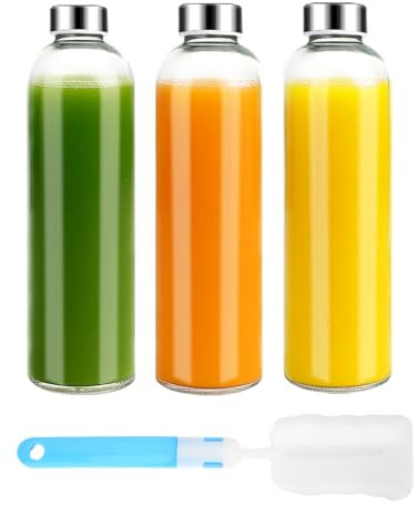Luxfuel 32 oz Clear Glass Water Bottles with Lids, Reusable Glass Juice Bottles with Stainless Steel Cap for Juicing,Refrigerator,100% Leak Proof, BPA Free,Set of 3