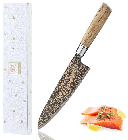 zayiko BlackMagma Damastmesser Chefmesser I 19 cm Klinge aus Damaststahl mit Kupfer & Bronze sowie Ahornholzgriff I Edles Damast Küchenmesser in Geschenkbox